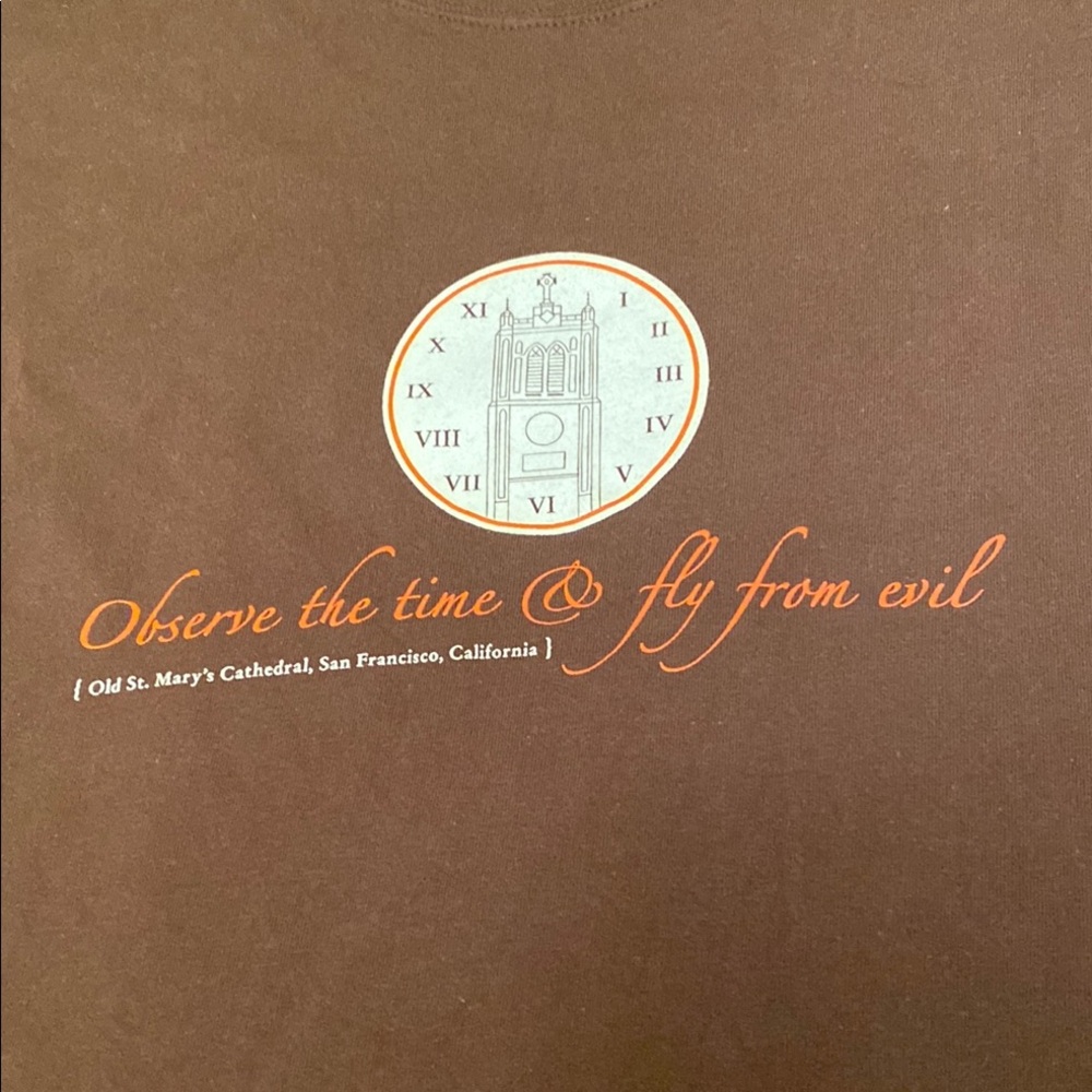 Old Saint Mary's Cathedral San Francisco Tee Shirt of the Clock Tower & Quote XL